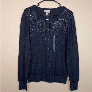 NWT LOFT Women’s Rhinestones Beads Embellished Charcoal Gray Button-Up Sweater
